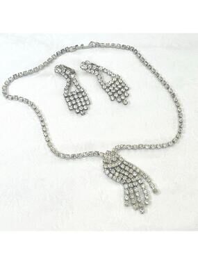 Vtg Mid-Century Rhinestone NECKLACE Clip EARRINGS Set Fringe Waterfall Cascading